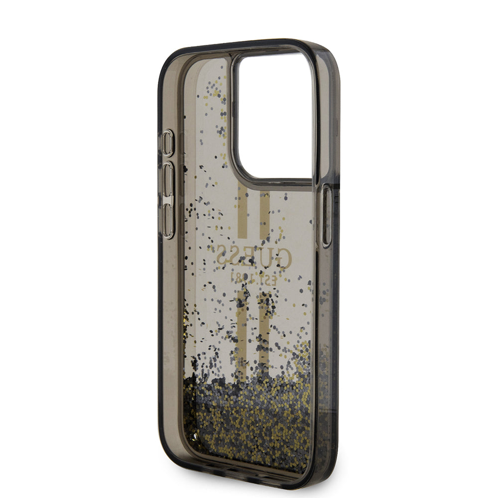 Ovitek za Apple iPhone 15 Pro, Guess, Liquid Glitter Gold Stripe, Črn