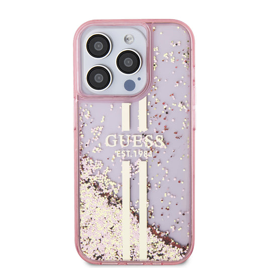 Ovitek za Apple iPhone 15 Pro, Guess, Liquid Glitter Gold Stripes, Roza