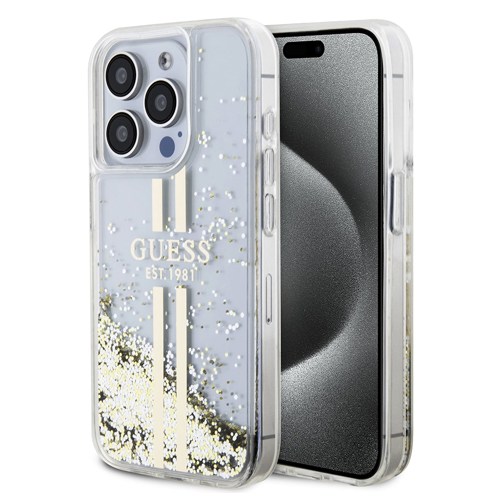 Ovitek za Apple iPhone 15 Pro, Guess, Liquid Glitter Gold Stripes, Prozoren