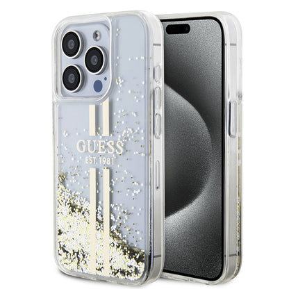 Ovitek za Apple iPhone 15 Pro, Guess, Liquid Glitter Gold Stripes, Prozoren