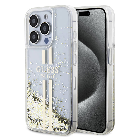 Ovitek za Apple iPhone 15 Pro, Guess, Liquid Glitter Gold Stripes, Prozoren