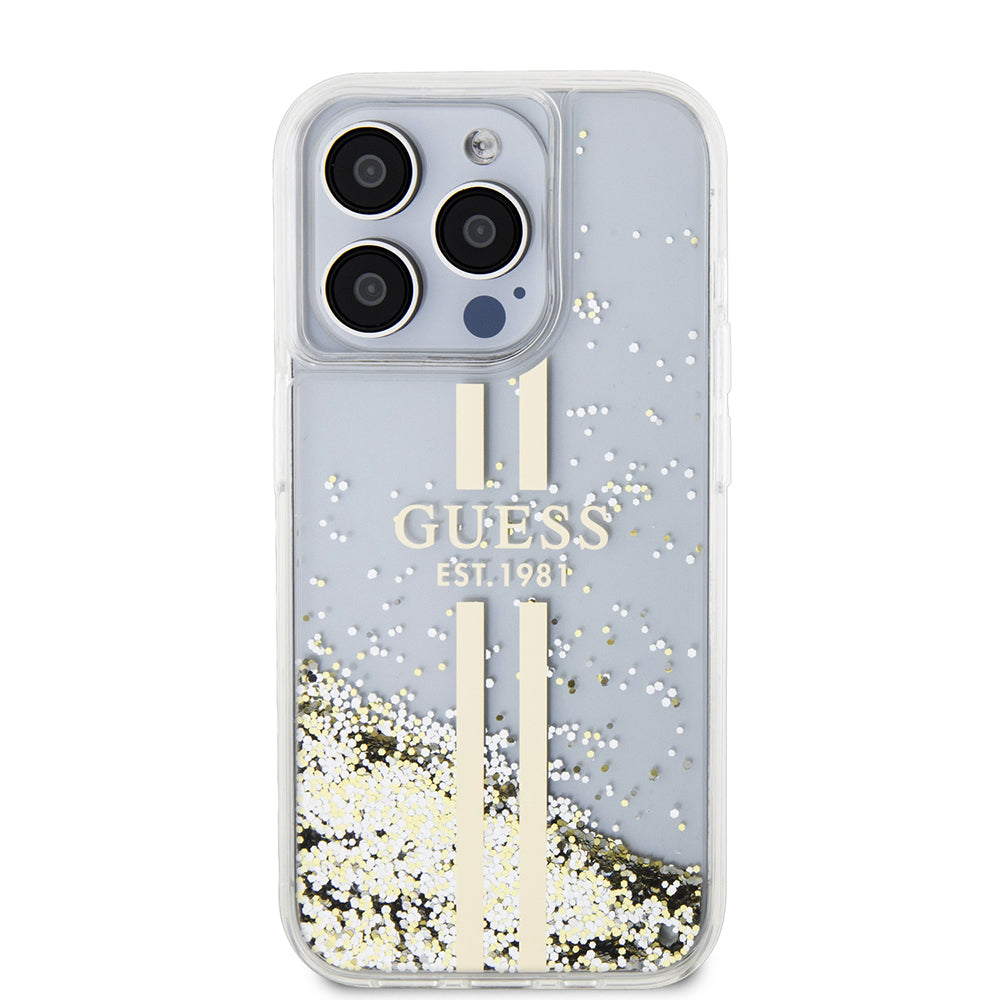 Ovitek za Apple iPhone 15 Pro, Guess, Liquid Glitter Gold Stripes, Prozoren