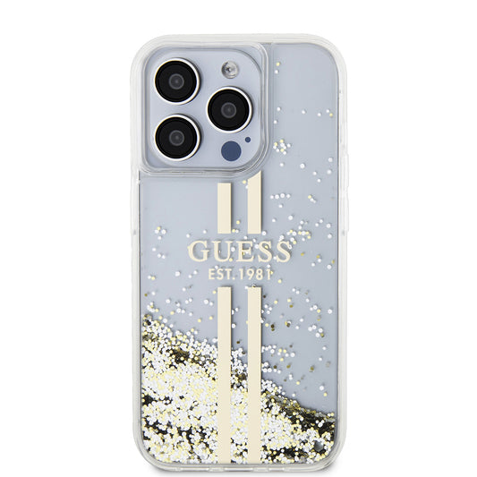 Ovitek za Apple iPhone 15 Pro, Guess, Liquid Glitter Gold Stripes, Prozoren
