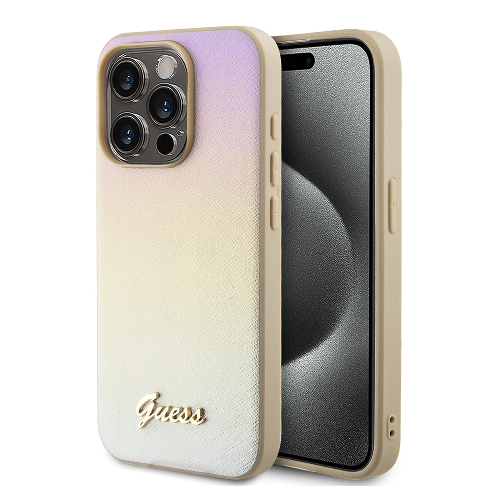 Ovitek za Apple iPhone 15 Pro, Guess, Saffiano Iridescent Script, Zlat