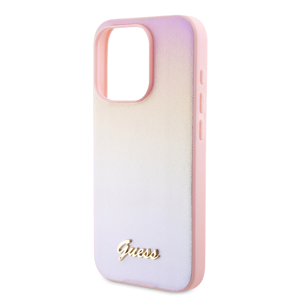 Ovitek za Apple iPhone 15 Pro, Guess, Saffiano Iridescent Script, Roza