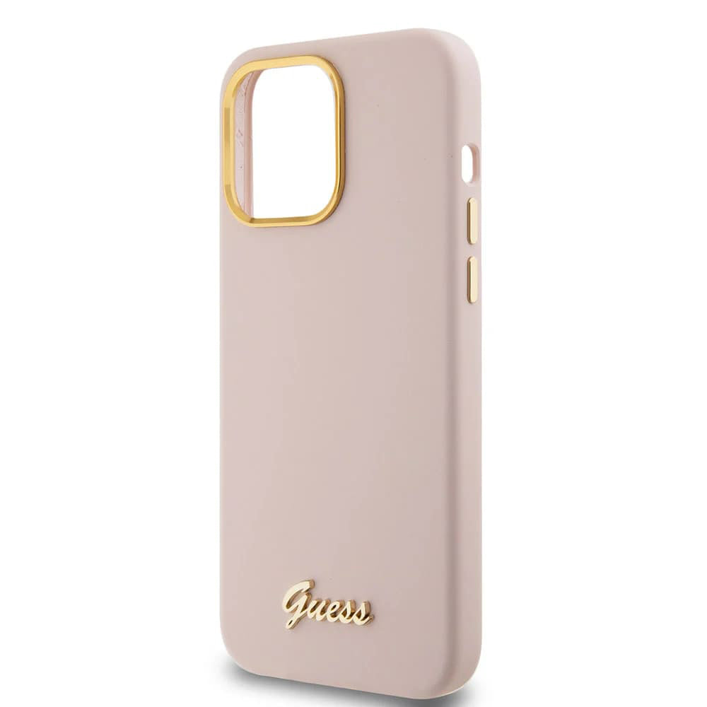 Ovitek za Apple iPhone 15 Pro, Guess, Script Metal Logo & Frame, Svetlo roza