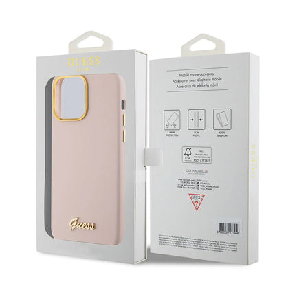 Ovitek za Apple iPhone 15 Pro, Guess, Script Metal Logo & Frame, Svetlo roza