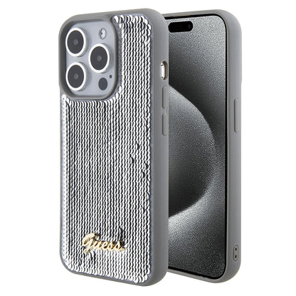 Ovitek za Apple iPhone 15 Pro, Guess, Sequin Script Metal, Srebrn.