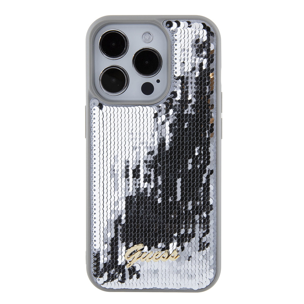 Ovitek za Apple iPhone 15 Pro, Guess, Sequin Script Metal, Srebrn.