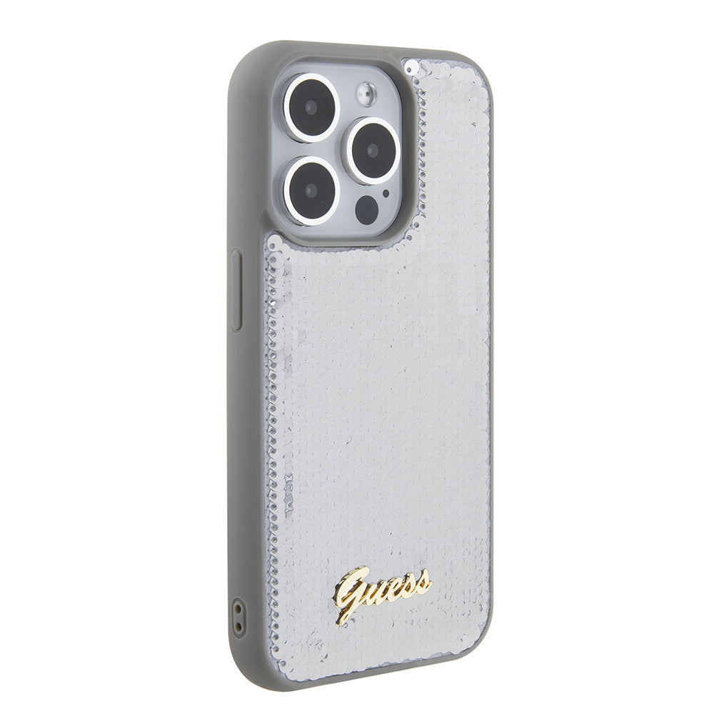 Ovitek za Apple iPhone 15 Pro, Guess, Sequin Script Metal, Srebrn.