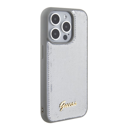 Ovitek za Apple iPhone 15 Pro, Guess, Sequin Script Metal, Srebrn.