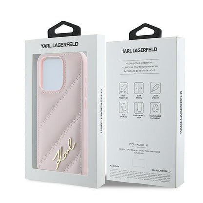 Ovitek za Apple iPhone 15 Pro, Karl Lagerfeld, Diagonal Quilted Script, Roza