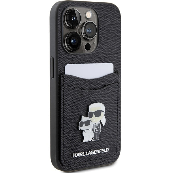 Ovitek za Apple iPhone 15 Pro, Karl Lagerfeld, Saffiano Card Slot Metal Karl & Choupette, črn
