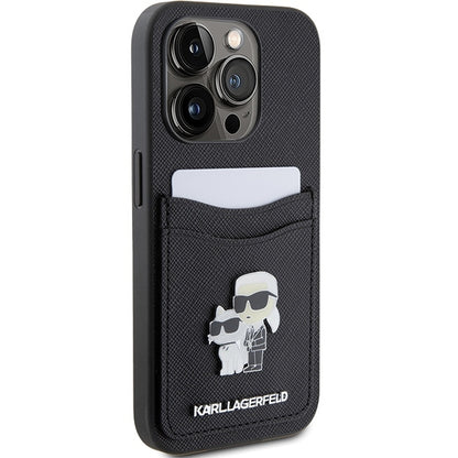 Ovitek za Apple iPhone 15 Pro, Karl Lagerfeld, Saffiano Card Slot Metal Karl & Choupette, črn