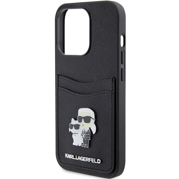 Ovitek za Apple iPhone 15 Pro, Karl Lagerfeld, Saffiano Card Slot Metal Karl & Choupette, črn