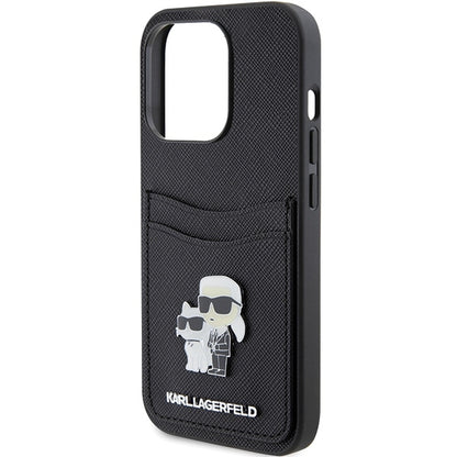 Ovitek za Apple iPhone 15 Pro, Karl Lagerfeld, Saffiano Card Slot Metal Karl & Choupette, črn