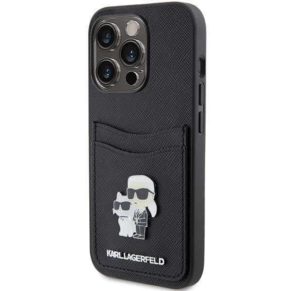 Ovitek za Apple iPhone 15 Pro, Karl Lagerfeld, Saffiano Card Slot Metal Karl & Choupette, črn