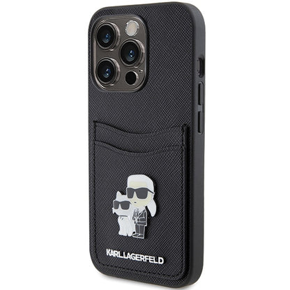 Ovitek za Apple iPhone 15 Pro, Karl Lagerfeld, Saffiano Card Slot Metal Karl & Choupette, črn