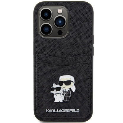 Ovitek za Apple iPhone 15 Pro, Karl Lagerfeld, Saffiano Card Slot Metal Karl & Choupette, črn