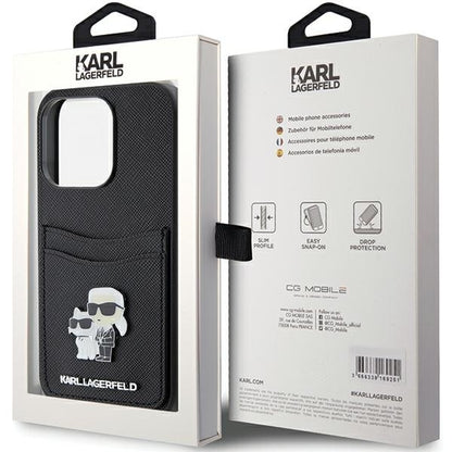 Ovitek za Apple iPhone 15 Pro, Karl Lagerfeld, Saffiano Card Slot Metal Karl & Choupette, črn