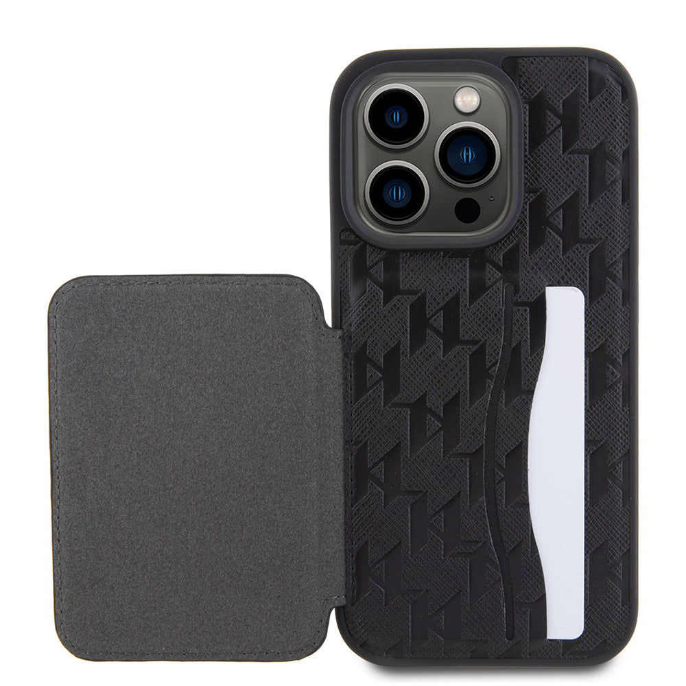 Ovitek za Apple iPhone 15 Pro, Karl Lagerfeld, Saffiano Cardslots and Stand Monogram Ikonik Karl, črn