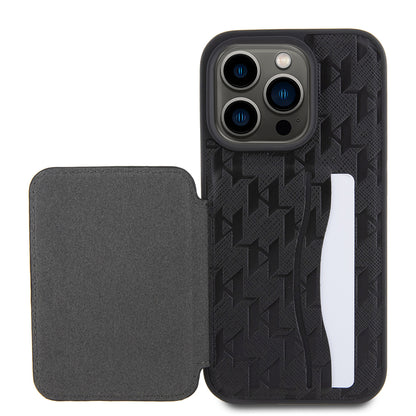 Ovitek za Apple iPhone 15 Pro, Karl Lagerfeld, Saffiano Cardslots and Stand Monogram Ikonik Karl, črn