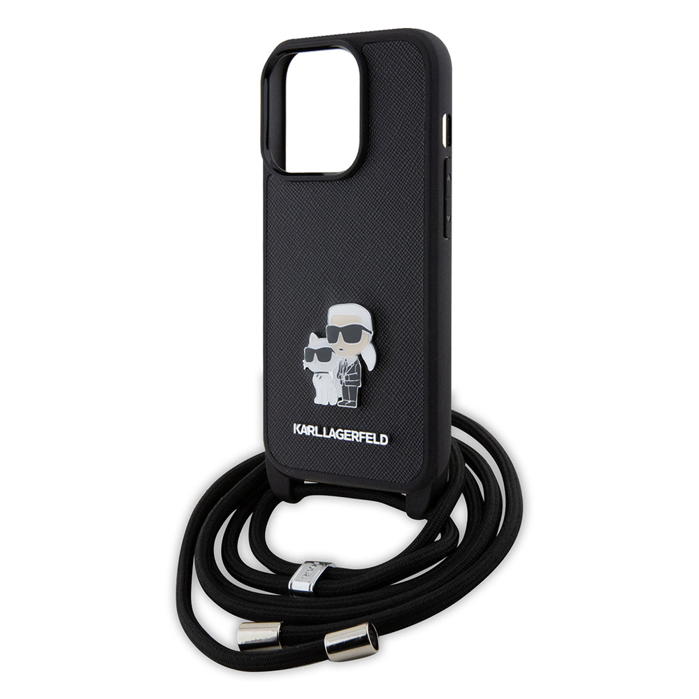Ovitek za Apple iPhone 15 Pro, Karl Lagerfeld, Saffiano Crossbody Metal Pin Karl & Choupette, črn