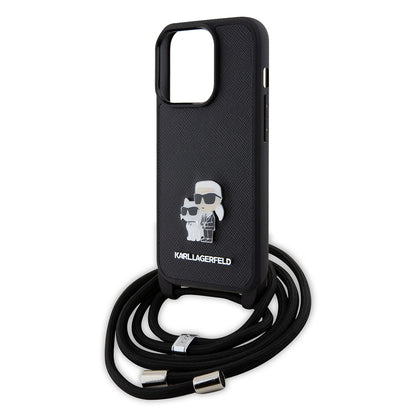 Ovitek za Apple iPhone 15 Pro, Karl Lagerfeld, Saffiano Crossbody Metal Pin Karl & Choupette, črn