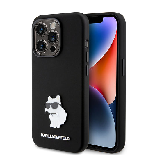 Ovitek za Apple iPhone 15 Pro, Karl Lagerfeld, Silicone Choupette Metal, črn