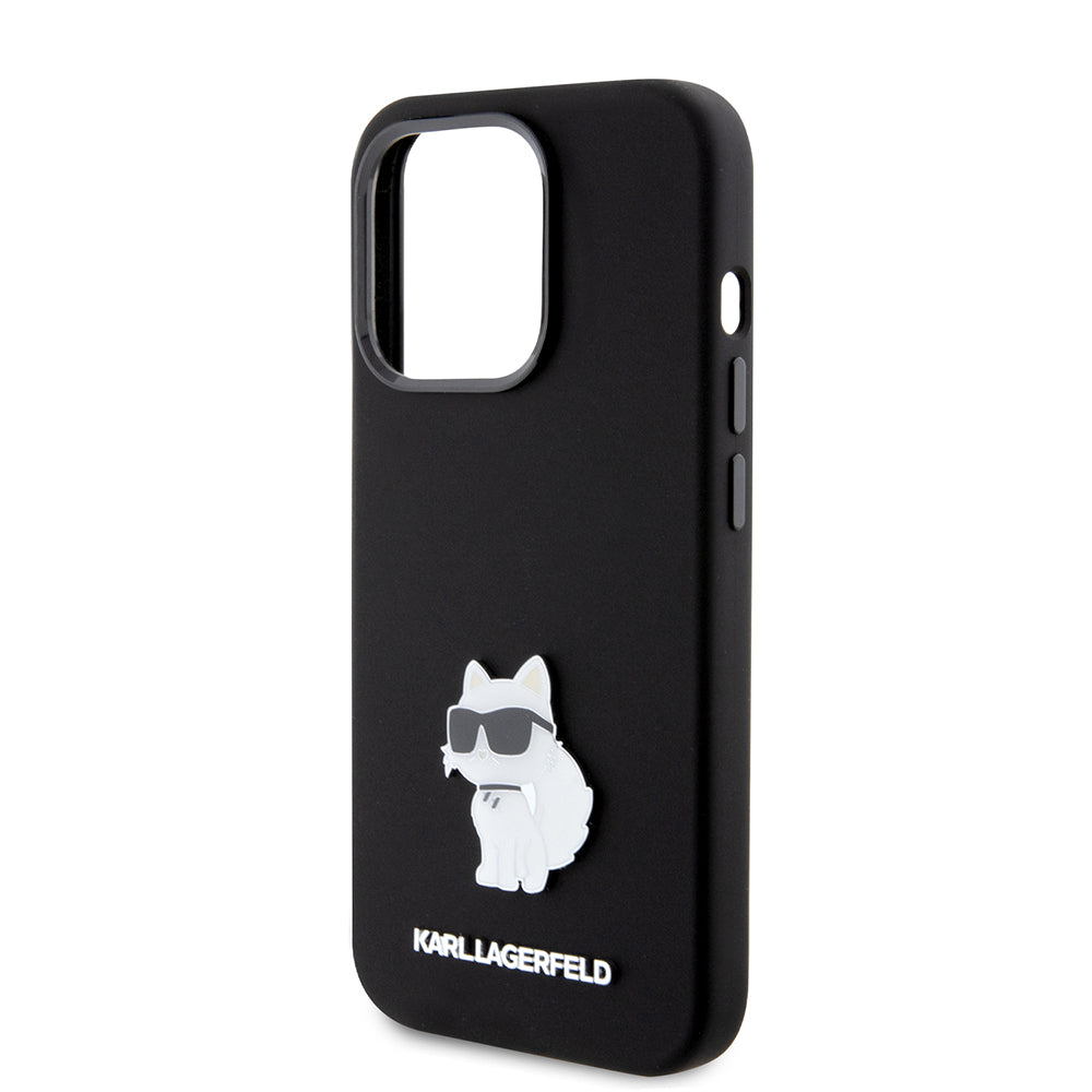 Ovitek za Apple iPhone 15 Pro, Karl Lagerfeld, Silicone Choupette Metal, črn
