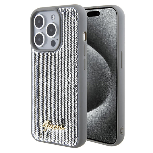 Ovitek za Apple iPhone 15 Pro Max, Guess, Sequin Script Metal, Srebrn.