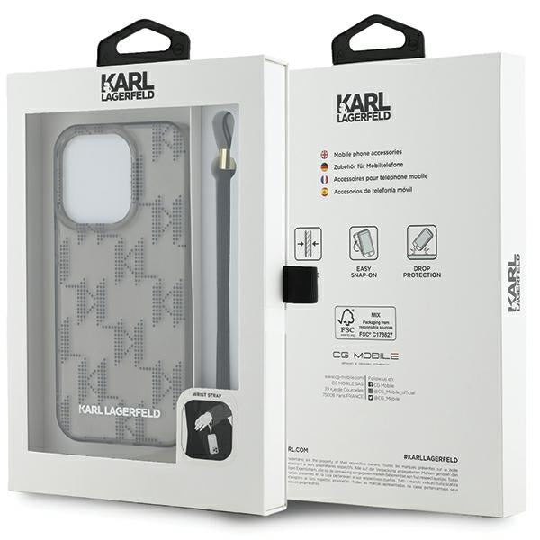 Ovitek za Apple iPhone 15 Pro Max, Karl Lagerfeld, IML Luxury Monogram KL Pattern with Strap, Črna