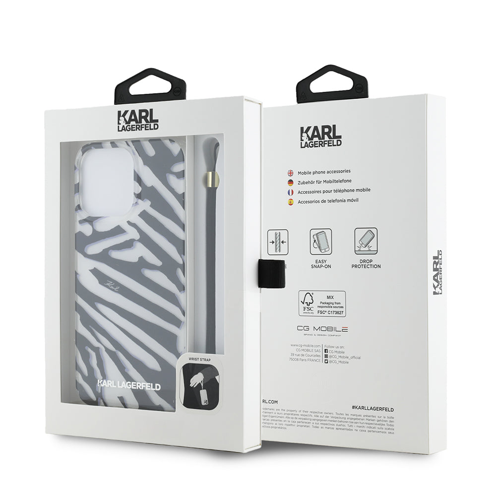 Ovitek za Apple iPhone 15 Pro Max, Karl Lagerfeld, IML Luxury Zebra Pattern with Strap, črn