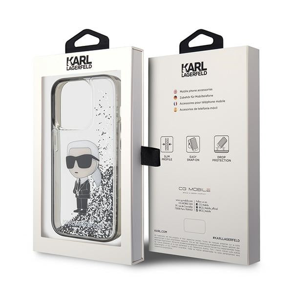 Case for Apple iPhone 15 Pro Max, Karl Lagerfeld, Liquid Glitter Ikonik Karl, Transparent