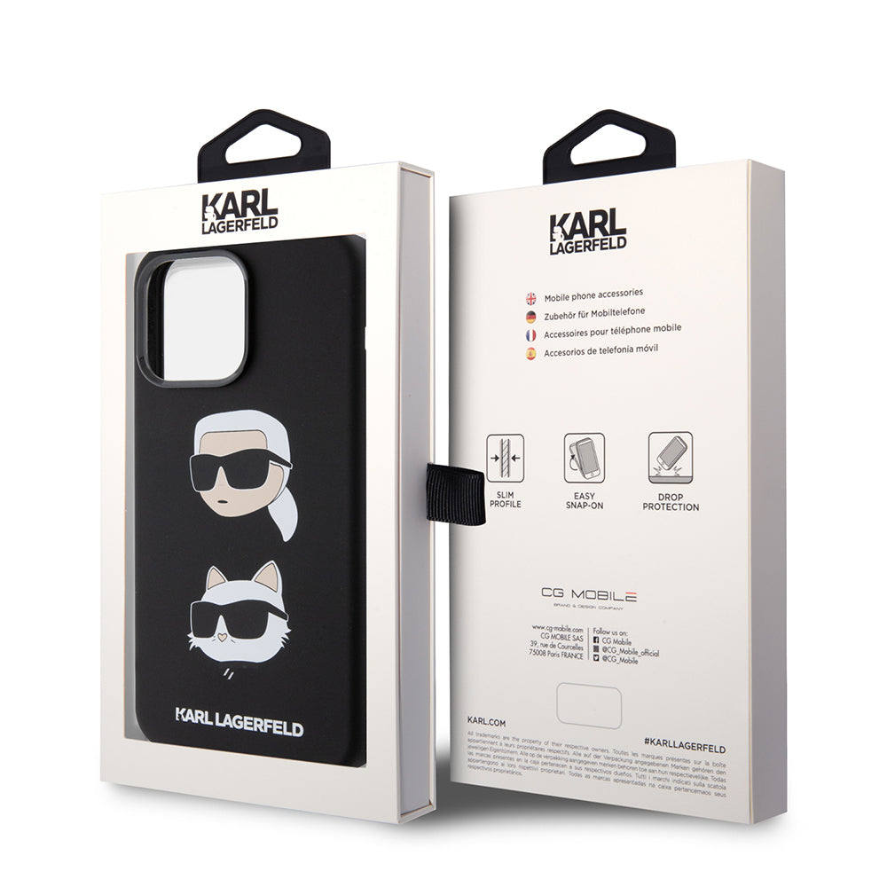 Ovitek za Apple iPhone 15 Pro Max, Karl Lagerfeld, silikon Karl & Choupette Heads, črn