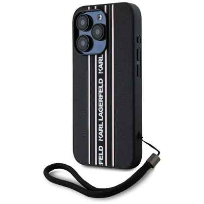 Ovitek za Apple iPhone 15 Pro Max, Karl Lagerfeld, Saffiano Athleisure Stripes with Strap, Roza