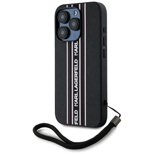 Ovitek za Apple iPhone 15 Pro Max, Karl Lagerfeld, Saffiano Athleisure Stripes with Strap, Roza