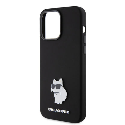 Ovitek za Apple iPhone 15 Pro Max, Karl Lagerfeld, Silicone Choupette Metal, črn