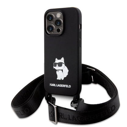 Ovitek za Apple iPhone 15 Pro Max, Karl Lagerfeld, silikonski Crossbody Choupette, črn.