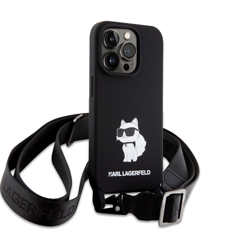 Ovitek za Apple iPhone 15 Pro Max, Karl Lagerfeld, silikonski Crossbody Choupette, črn.