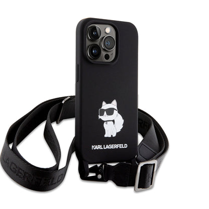 Ovitek za Apple iPhone 15 Pro Max, Karl Lagerfeld, silikonski Crossbody Choupette, črn.