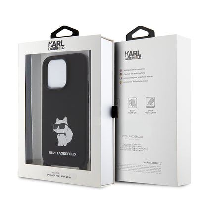 Ovitek za Apple iPhone 15 Pro Max, Karl Lagerfeld, silikonski Crossbody Choupette, črn.