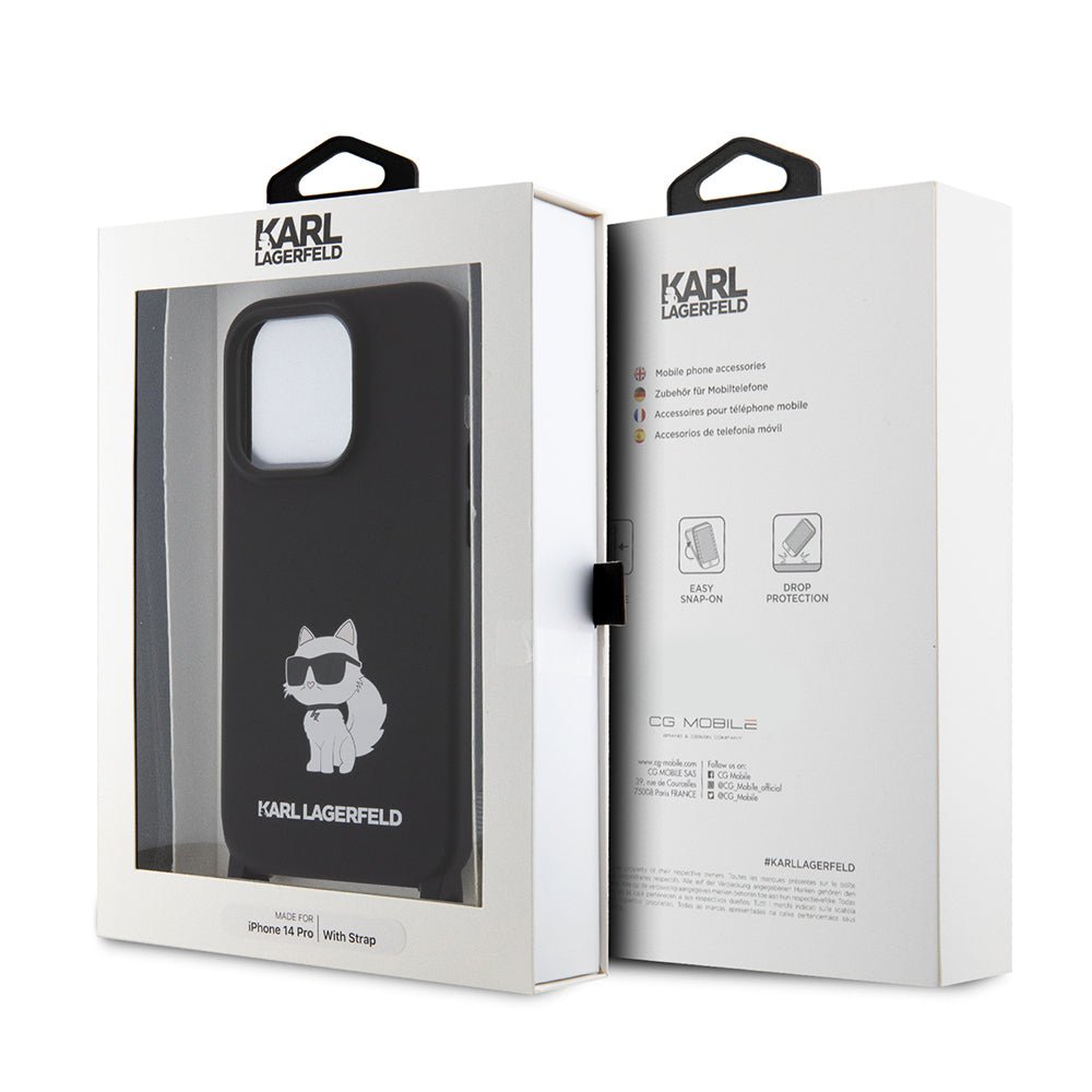 Ovitek za Apple iPhone 15 Pro Max, Karl Lagerfeld, silikonski Crossbody Ikonik Karl, črn