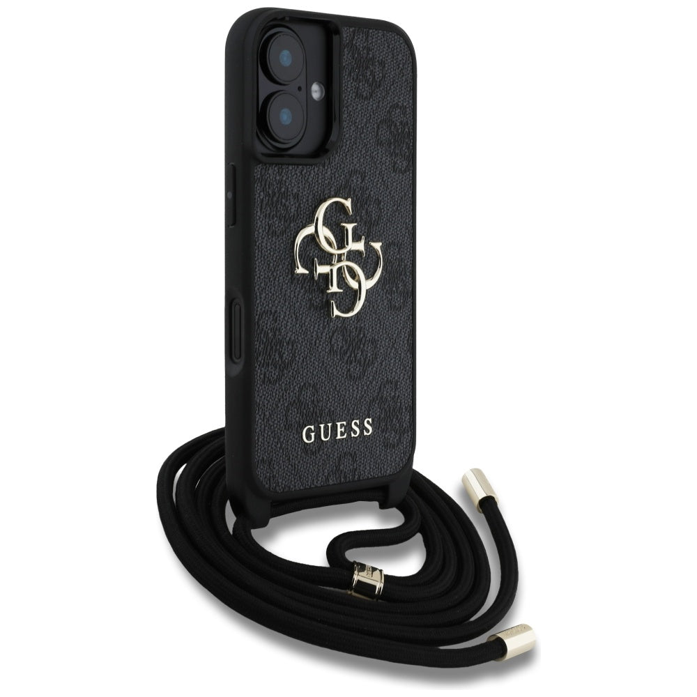 Ovitek za Apple iPhone 16, Guess, 4G CBDY Big Logo with Cord Strap, črn