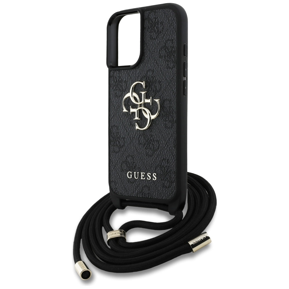 Ovitek za Apple iPhone 16, Guess, 4G CBDY Big Logo with Cord Strap, črn