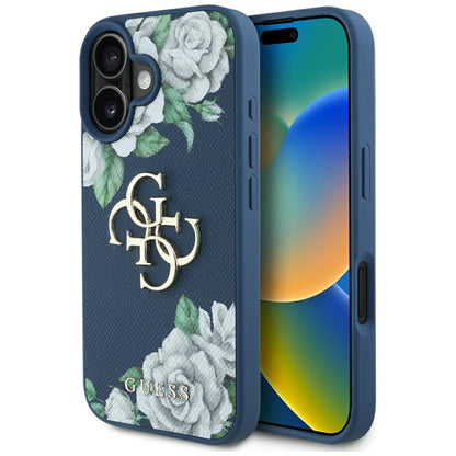 Ovitek za Apple iPhone 16, Guess, 4G Grained Roses Big Logo, Modra