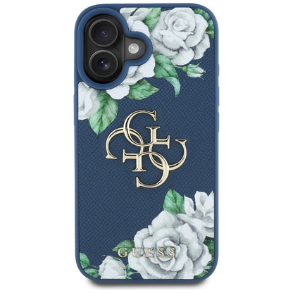 Ovitek za Apple iPhone 16, Guess, 4G Grained Roses Big Logo, Modra