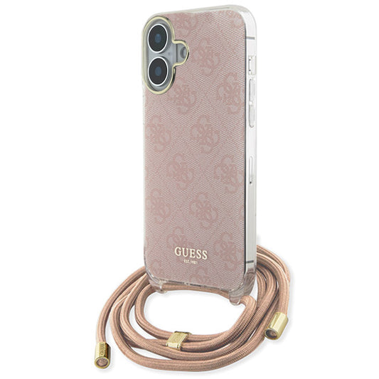 Ovitek za Apple iPhone 16, Guess, Crossbody Cord 4G Print, Roza
