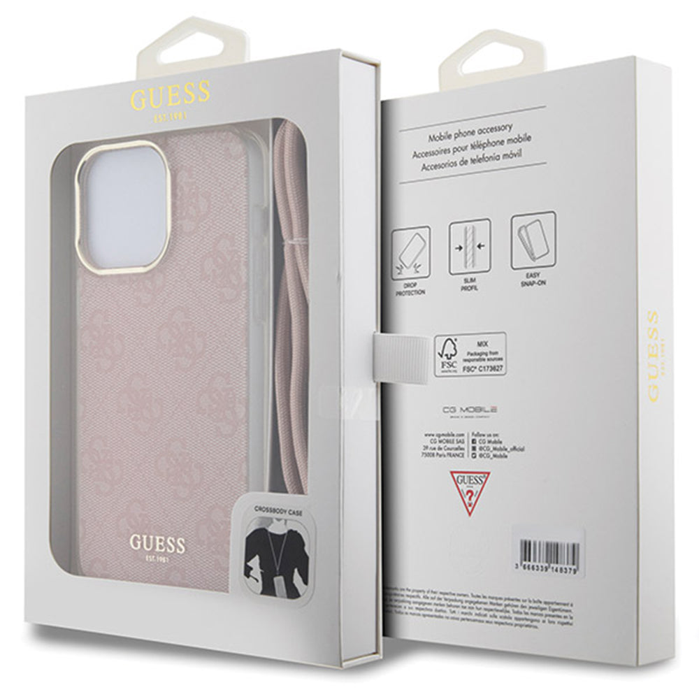 Ovitek za Apple iPhone 16, Guess, Crossbody Cord 4G Print, Roza