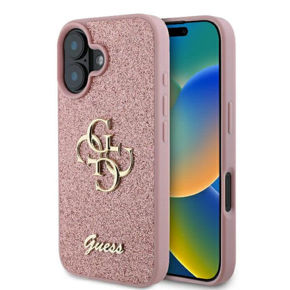 Ovitek za Apple iPhone 16, Guess, Fixed Glitter Big 4G, Roza